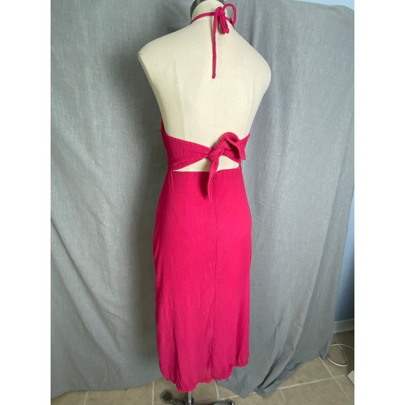 Lovers + Friends Hot Pink Crinkle Halter Cutout Ring Midi Dress Size S - Picture 3 of 11